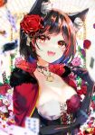  1girl animal_ear_fluff animal_ears black_choker black_gloves breasts capelet card choker cleavage collarbone commentary corset elbow_gloves flower gloves hair_flower hair_ornament highres hololive looking_at_viewer medium_breasts multicolored_hair official_alternate_costume ookami_mio open_mouth petals playing_card red_capelet red_flower short_hair smile solo sowon streaked_hair symbol-only_commentary upper_body virtual_youtuber wolf_ears 