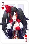  1girl absurdres black_corset black_hair blush bow breasts brown_eyes card cleavage collarbone corset cropped_jacket flower hair_bow hair_flower hair_ornament head_tilt highres holding holding_card hololive jacket long_hair medium_breasts multicolored_hair official_alternate_costume ookami_mio queen_of_hearts_(card) red_bow red_flower shigureszku solo streaked_hair twintails two-tone_bow upper_body virtual_youtuber white_bow white_jacket 