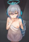  1girl absurdres blue_hair blurry blurry_background breasts bronya_zaychik bronya_zaychik_(herrscher_of_truth) collarbone cowboy_shot dress finger_to_mouth grey_eyes grey_hair grin hair_between_eyes halo highres honkai_(series) honkai_impact_3rd long_hair looking_at_viewer mastgg multicolored_hair nipples one_breast_out ponytail see-through see-through_dress shushing small_breasts smile solo standing thigh_gap two-tone_hair very_long_hair white_dress 