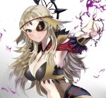  1girl armpits black_lightning blonde_hair breasts clothing_cutout eyepatch fake_halo fire_emblem fire_emblem_fates fire_emblem_heroes halo large_breasts lightning long_hair looking_at_viewer navel navel_cutout o-ring official_alternate_costume ophelia_(fire_emblem) smile solo tara_(szzj7733) v-shaped_eyebrows 