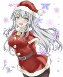  1girl arms_behind_back black_pantyhose capelet dress fur-trimmed_capelet fur-trimmed_dress fur-trimmed_headwear fur_trim gakky grey_eyes hat kantai_collection long_hair official_alternate_costume one-hour_drawing_challenge pantyhose red_capelet red_dress red_headwear santa_dress santa_hat shoukaku_(kancolle) smile snowflake_background solo white_background white_hair 