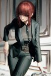  1girl 66ktkat bangs black_jacket black_pants black_shirt chainsaw_man crossed_legs formal highres jacket looking_at_viewer makima_(chainsaw_man) medium_hair pants red_eyes red_hair ringed_eyes see-through see-through_shirt shirt sidelocks smile solo suit thumb_in_pocket 