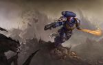  1boy adeptus_astartes armor armored_boots bolter boots flaming_sword flaming_weapon full_armor full_body grey_sky gun helmet highres holding holding_gun holding_sword holding_weapon pauldrons running shoulder_armor shu_sheyu skull solo space_marine sword tyranid ultramarines warhammer_40k weapon 