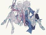  1boy 1girl ahoge alisaie_leveilleur alphinaud_leveilleur black_pants blue_eyes blue_jacket boots breasts brother_and_sister elezen elf final_fantasy final_fantasy_xiv fingerless_gloves full_body furueee gloves grey_hair hair_over_one_eye holding holding_sword holding_weapon jacket long_sleeves medium_breasts pants pointy_ears red_jacket short_hair_with_long_locks shorts siblings sitting sword twins weapon white_footwear white_shorts 