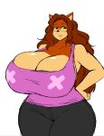  anthro bare_shoulders big_breasts black_bottomwear black_clothing black_pants bottomwear breasts brown_body brown_fur brown_hair canid canine canis cleavage clothed clothing collarbone curled_hair curvaceous curvy_figure domestic_dog eyelashes eyewear female fur glasses green_eyes hair half-closed_eyes hi_res huge_breasts lips long_hair looking_at_viewer mammal monhuter10 narrowed_eyes pants portrait simple_background smile solo standing superia thick_lips thick_thighs three-quarter_portrait voluptuous white_background wide_hips 