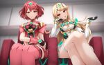  2girls bangs black_gloves blonde_hair breasts chest_jewel cleavage cleavage_cutout clothing_cutout crossed_legs dress earrings fingerless_gloves gloves highres jewelry large_breasts long_hair multiple_girls mythra_(xenoblade) nm_(tshell2761) pyra_(xenoblade) red_eyes red_hair red_shorts short_dress short_hair short_shorts shorts swept_bangs thighhighs tiara very_long_hair white_dress xenoblade_chronicles_(series) xenoblade_chronicles_2 yellow_eyes 