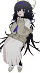  1girl atkm2 black_eyes black_hair black_pantyhose blue_archive hair_ribbon halo invisible_chair jacket long_hair looking_at_viewer low_twintails off_shoulder open_mouth pantyhose purple_ribbon ribbon simple_background sitting skirt slippers solo sweatdrop twintails ui_(blue_archive) very_long_hair white_background white_skirt 