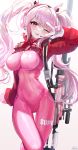  1girl ;p alice_(nikke) animal_ears bangs blush bodysuit breasts clothes_writing fake_animal_ears gloves goddess_of_victory:_nikke gun gun_on_back headset highres large_breasts long_hair long_sleeves looking_at_viewer one_eye_closed pink_bodysuit pink_gloves pink_hair pistachiocream puffy_long_sleeves puffy_sleeves red_eyes rifle signature simple_background sniper_rifle solo standing tongue tongue_out twintails v v_over_eye very_long_hair weapon weapon_on_back 