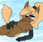  absurd_res anthro armwear blush blush_lines breasts canid canine clothing famousfen female fennec fox hair hand_on_leg hi_res lying mammal narrowed_eyes nude on_side simple_background smile solo squint teeth 