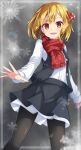  1girl :d argyle argyle_scarf bangs black_pantyhose black_skirt black_vest blonde_hair commentary_request fang fringe_trim hair_ribbon highres looking_at_viewer pantyhose red_eyes red_ribbon red_scarf ribbon rumia scarf shirt skirt smile snowflakes solo touhou uumaru vest white_shirt 