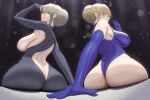  2girls ahoge artoria_pendragon_(fate) artoria_pendragon_(lancer)_(fate) artoria_pendragon_(lancer_alter)_(fate) ass back_cutout bangs bare_shoulders blonde_hair blue_eyes blue_gloves breasts clothing_cutout elbow_gloves fate/grand_order fate_(series) from_behind gloves hair_bun highres large_breasts multiple_girls nmi sideboob sitting yellow_eyes 