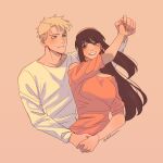  1boy 1girl bangs black_hair blonde_hair blue_eyes blush breasts couple earrings hairband hetero highres holding_hands isahnas jewelry large_breasts long_hair long_sleeves parted_bangs parted_lips pink_shirt red_eyes shirt short_hair sidelocks sleeves_rolled_up smile spy_x_family twilight_(spy_x_family) twitter_username upper_body white_shirt yor_briar 