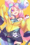  1girl absurdres bike_shorts bow-shaped_hair character_hair_ornament grey_pantyhose hair_ornament hexagon_print highres iono_(pokemon) jacket kanimiso_(juutilainen77) long_hair low-tied_long_hair multicolored_hair oversized_clothes pantyhose pink_eyes pink_hair pokemon pokemon_(game) pokemon_sv sharp_teeth single_leg_pantyhose sleeves_past_fingers sleeves_past_wrists teeth twintails two-tone_hair very_long_hair x yellow_jacket 
