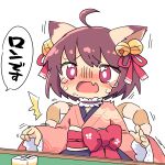  ahoge animal_ears ayakashi_(monkeypanch) bell brown_hair choker fang hair_ornament highres ichihime japanese_clothes kimono mahjong mahjong_soul mahjong_tile open_mouth red_eyes speech_bubble table tears translation_request white_background 