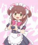  1girl akiba_maid_sensou animal_ears apron bangs black_dress blunt_bangs bow brown_eyes brown_hair cowboy_shot dress fake_animal_ears frilled_apron frills heart heart_hands long_hair maid maid_apron maid_headdress open_mouth pig_ears pink_bow reverse_(bluefencer) smile solo standing two_side_up wahira_nagomi waist_apron white_apron wrist_cuffs 