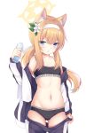  1girl animal_ear_fluff animal_ears ass_visible_through_thighs bangs bare_shoulders black_bra black_panties blonde_hair blue_archive blue_eyes blue_jacket blue_shorts blush bottle bra breasts clothes_pull collarbone commentary_request flower gym_shorts hair_between_eyes hair_flower hair_ornament hand_up headband highres holding holding_bottle jacket long_hair long_sleeves looking_at_viewer low_ponytail mari_(blue_archive) mari_(gym_uniform)_(blue_archive) navel off_shoulder open_clothes open_jacket panties plastic_bottle ponytail puffy_long_sleeves puffy_sleeves revision sakuraba_hikaru_(loveindog) short_shorts shorts shorts_pull sidelocks simple_background small_breasts solo stomach track_jacket underwear undressing very_long_hair white_background white_flower white_headband 