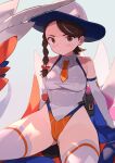  1girl adapted_costume ass_visible_through_thighs braid braided_bangs breasts brown_eyes brown_hair closed_mouth elbow_gloves gloves hair_ornament highleg highleg_leotard highres juliana_(pokemon) koraidon leotard light_blush looking_at_viewer necktie orange_necktie poke_ball pokemon pokemon_(creature) pokemon_(game) pokemon_sv simple_background single_braid sitting small_breasts solo_focus spread_legs spring2013 sweatdrop thighhighs white_gloves white_headwear white_thighhighs 