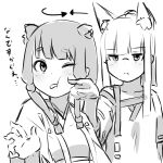  2girls animal_ear_fluff animal_ears arrow_(symbol) bangs blunt_bangs blush cheek_poking closed_mouth collarbone commentary_request fox_ears glasses greyscale highres japanese_clothes kimono kuro_kosyou long_hair monochrome multiple_girls one_eye_closed original parted_lips poking ribbon-trimmed_sleeves ribbon_trim shirt short_eyebrows short_sleeves simple_background sketch thick_eyebrows translation_request upper_body white_background 