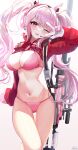  1girl :p ;p alice_(nikke) animal_ears bangs bikini blush breasts cheese cleavage clothes_writing cowboy_shot fake_animal_ears food gloves goddess_of_victory:_nikke gun gun_on_back headphones headset highres jacket large_breasts long_hair long_sleeves looking_at_viewer navel one_eye_closed pink_bikini pink_gloves pink_hair pistachiocream puffy_long_sleeves puffy_sleeves red_eyes red_jacket rifle sidelocks signature simple_background smile sniper_rifle solo standing stomach swimsuit tongue tongue_out twintails v v_over_eye very_long_hair weapon weapon_on_back white_background 