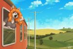  anthro avian breeze_(drdewott) gryphon hair herm hi_res intersex landscape mythological_avian mythology orange_hair sammfeatblueheart solo train traveling vehicle 