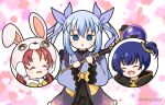  3girls :d @_@ ^_^ animal_ears bangs black_cloak black_skirt blue_eyes blue_hair blue_kimono blush bow chimame-tai cloak closed_eyes commentary_request cosplay fake_animal_ears floral_background frilled_sleeves frills gochuumon_wa_usagi_desu_ka? hair_between_eyes hair_ornament hair_ribbon holding holding_staff japanese_clothes jouga_maya kafuu_chino kimono kyouka_(princess_connect!) kyouka_(princess_connect!)_(cosplay) long_hair long_sleeves low_twintails mimi_(princess_connect!) mimi_(princess_connect!)_(cosplay) misogi_(princess_connect!) misogi_(princess_connect!)_(cosplay) mitya multiple_girls natsu_megumi one_side_up orb parted_lips purple_ribbon rabbit_ears rabbit_hat red_hair ribbon ribbon-trimmed_kimono ribbon_trim skirt smile staff sweat twintails very_long_hair wide_sleeves x_hair_ornament yellow_bow 