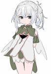  1girl atkm2 closed_mouth dress genshin_impact green_eyes looking_at_viewer nahida_(genshin_impact) simple_background solo standing thigh_gap twintails white_background white_dress white_hair 