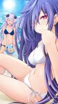  1girl adult_neptune bikini blue_bikini blue_hair blush breasts iris_heart iwashi_dorobou_-r- kami_jigen_game_neptune_v large_breasts long_hair looking_at_viewer navel neptune_(series) pink_eyes power_symbol side-tie_bikini_bottom sitting smile swimsuit symbol-shaped_pupils very_long_hair white_bikini 