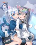  2girls :3 absurdres animal_ears animal_hood bangs blue_hair cat_ears eye_mask fang fish_tail gawr_gura grey_hair hair_ornament hairpin highres hololive hololive_english hood hug indie_virtual_youtuber kneeling long_hair long_sleeves multicolored_hair multiple_girls nachoneko nekopurin_(nyanko_prin) one_eye_closed open_mouth shark_girl shark_hood shark_tail sharp_teeth shirt short_twintails sleeves_past_wrists smile streaked_hair tail teeth twintails virtual_youtuber white_hair white_shirt 