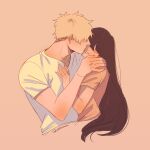  1boy 1girl bangs black_hair blonde_hair blush brown_shirt closed_eyes couple hand_on_another&#039;s_chest hand_on_another&#039;s_shoulder hetero highres isahnas kiss long_hair parted_lips shirt short_hair short_sleeves smile spy_x_family t-shirt twilight_(spy_x_family) upper_body white_shirt yor_briar 