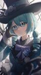  1girl aqua_eyes aqua_hair aqua_shirt arms_at_sides bangs black_gloves black_headwear blurry blurry_background blurry_foreground bow closed_mouth collared_shirt commentary curly_hair flower_hat frilled_cuffs frilled_shirt frills gloves grey_rose hand_on_own_face hand_up hat hatsune_miku highres monocle moonlightlight net project_sekai purple_bow shirt sidelocks simple_background smile solo standing twintails upper_body vocaloid white_background 
