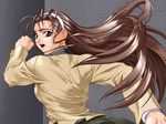  brown_hair escalation escalation_hardcore inoue_takuya long_hair running school_uniform sweat tatsuki_haruka 