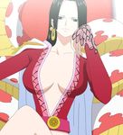  1girl amazon_lily boa_hancock breasts cap cleavage compression_artifacts female highres jpeg_artifacts one_piece salome_(one_piece) screencap shichibukai sitting snake stitched 