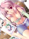  belt blue_eyes box breasts chair cleavage clipboard covered_nipples downblouse galge.com glasses green_hair large_breasts maid multiple_girls one_eye_closed pink_eyes pink_hair shorts source_request strap sweat watase_kaoru 