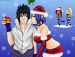  big_breasts black_eyes black_hair blonde_hair breasts gift karin_(naruto) kittychrissy konan large_breasts naruto red_hair sandles skirt snow uchiha_sasuke yamanaka_ino 