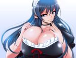  blue_eyes blue_hair breasts cleavage huge_breasts ichimatsu_(anaumemondai) long_hair maid original ribbon smile solo 