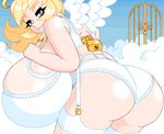  angel ass blonde_hair bra cleavage gate gigantic_breasts green_eyes halo heaven huge_ass lock panties smile wings woot 