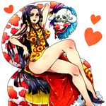  1girl amazon black_hair boa_hancock china_dress chinese_clothes dress earrings female heart high_heels horns jewelry long_hair one_piece salome_(one_piece) shichibukai shoes side_slit simple_background sitting skull snake solo yellow_dress 