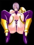  7961_shiki armor ass blue_eyes boots breasts curvy female gauntlet gauntlets hair_over_one_eye heels high_heels huge_breasts isabella_valentine ivy latex leather leotard lipstick looking_down makeup namco plump purple_hair purple_lipstick shoes short_hair simple_background sitting solo soul_calibur soulcalibur_ii 