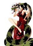  absurdres black_hair boa_hancock china_dress chinese_clothes dress earrings female highres horns jewelry jolly_roger long_hair marineford one_piece pirate quipado salome_(one_piece) shichibukai side_slit simple_background skull snake standing white_background 