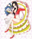  1girl amazon_lily black_hair blue_eyes boa_hancock breasts cape cleavage female highres horns jacket long_hair navel one_piece red_jacket red_shoes salome_(one_piece) sash shichibukai shoes simple_background sitting skull snake 