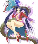  1girl alternate_hairstyle amazon_lily ass black_hair blush boa_hancock breasts cleavage earrings female high_heels highres jewelry long_hair long_legs long_skirt long_sleeves midriff one_piece salome_(one_piece) sash shichibukai shoes side_slit skirt snake twintails 