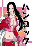  amazon_lily black_hair boa_hancock breasts cape cleavage epaulettes female gradient gradient_background highres midriff one_piece shichibukai solo 