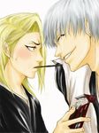  blonde_hair blush chocolate grey_hair ichimaru_gin kira_izuru pocky shounen_ai smile yaoi 