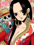  1girl black_eyes black_hair blue_hair boa_hancock breasts cleavage earrings female hat highres horns jacket jewelry long_hair one_piece red_jacket salome_(one_piece) skull solo straw_hat 