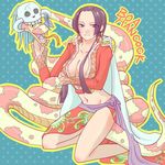  1girl amazon amazon_lily black_hair boa_hancock breasts cape cleavage earrings epaulettes female jewelry long_hair midriff navel one_piece resize resized salome_(one_piece) shichibukai skull snake 