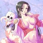  amazon_lily black_eyes black_hair boa_hancock breasts cleavage earrings epaulettes female highres izumo_(pixiv362913) jewelry long_hair midriff navel one_piece resized salome_(one_piece) shichibukai skull snake solo 