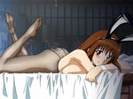  animal_ears ass bare_shoulders bed_sheet blush bow bow_tie bowtie breast_press breasts brown_eyes brown_hair bunny_ears crate doi_shizuha female indoors long_hair lying nipples no_panties nude pantyhose sideboob smile solo stratos_4 warehouse wrist_cuffs 