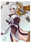 2007 aqua_eyes armor breasts female gauntlet gauntlets gloves gradient gradient_background holding isabella_valentine ivy large_breasts lipstick makeup namco see-through short_hair solo soul_calibur soulcalibur_iii weapon whip white_hair 