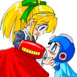  blonde_hair blue_eyes bodysuit capcom crying femdom flat_chest gun hairband helmet long_hair lowres megaman oekaki rockman rockman_(classic) roll skirt tears weapon yandere 