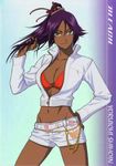  belly_button bikini bleach breasts cleavage dark_skin denim female gradient gradient_background navel official_art ponytail purple_hair shihouin_yoruichi shirt solo swimsuit yellow_eyes 